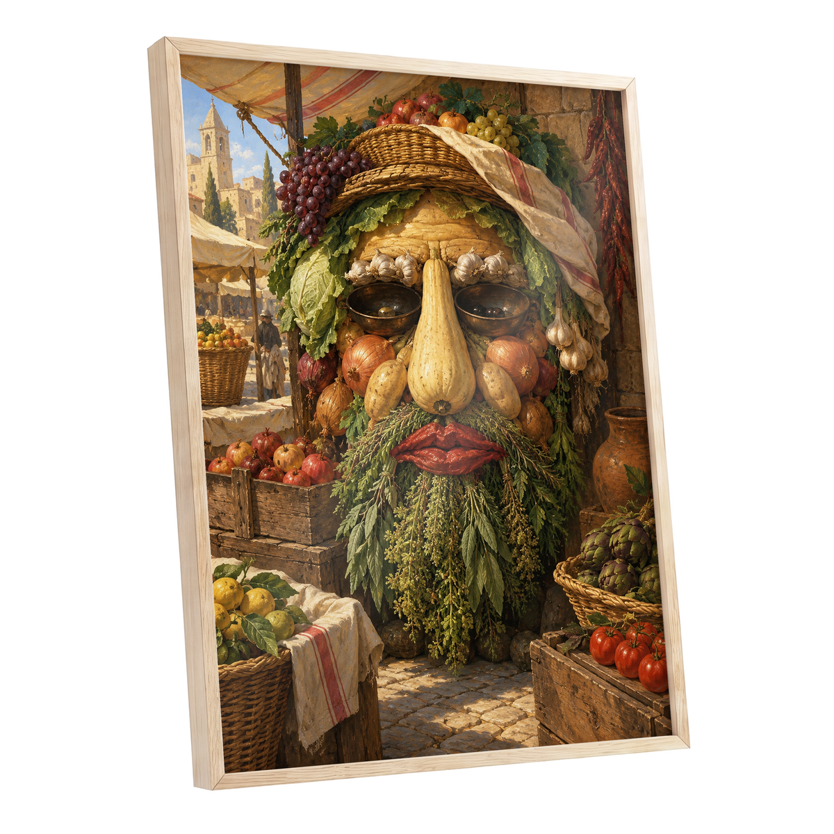 The Harvest Gaze, brown, green, gold abstract wall art shown as a oak framed poster wall art print