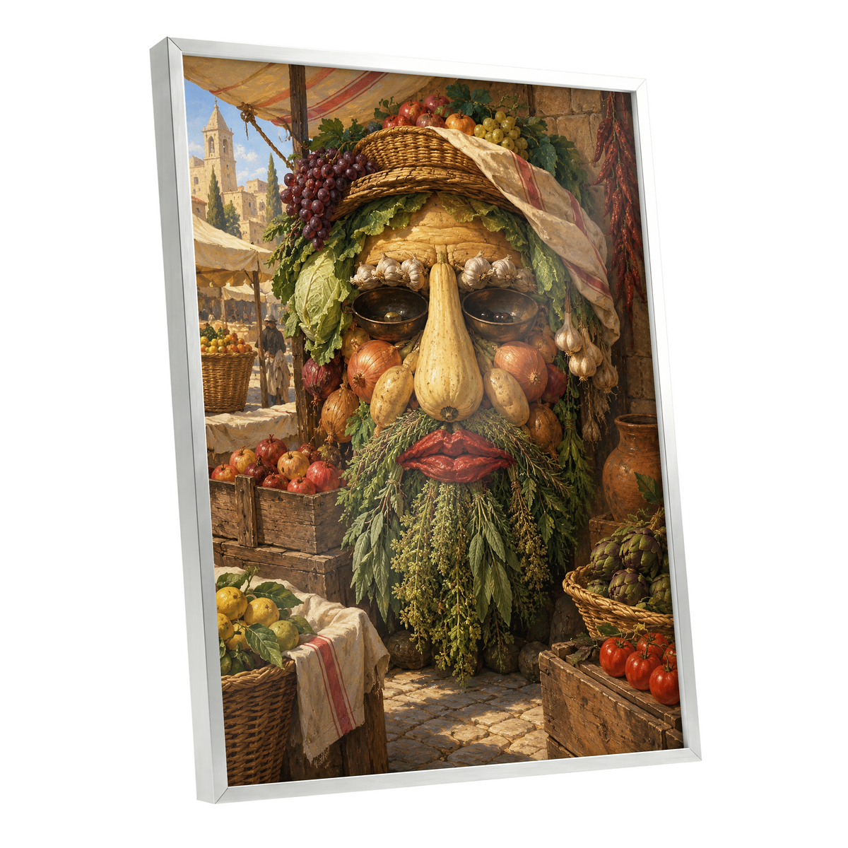 The Harvest Gaze, brown, green, gold abstract wall art shown as a silver framed poster wall art print