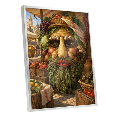 The Harvest Gaze, brown, green, gold abstract wall art shown as a silver framed poster wall art print