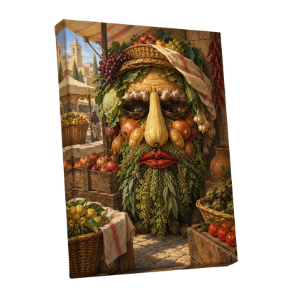 The Harvest Gaze, brown, green, gold abstract wall art shown as a stretched canvas wall art