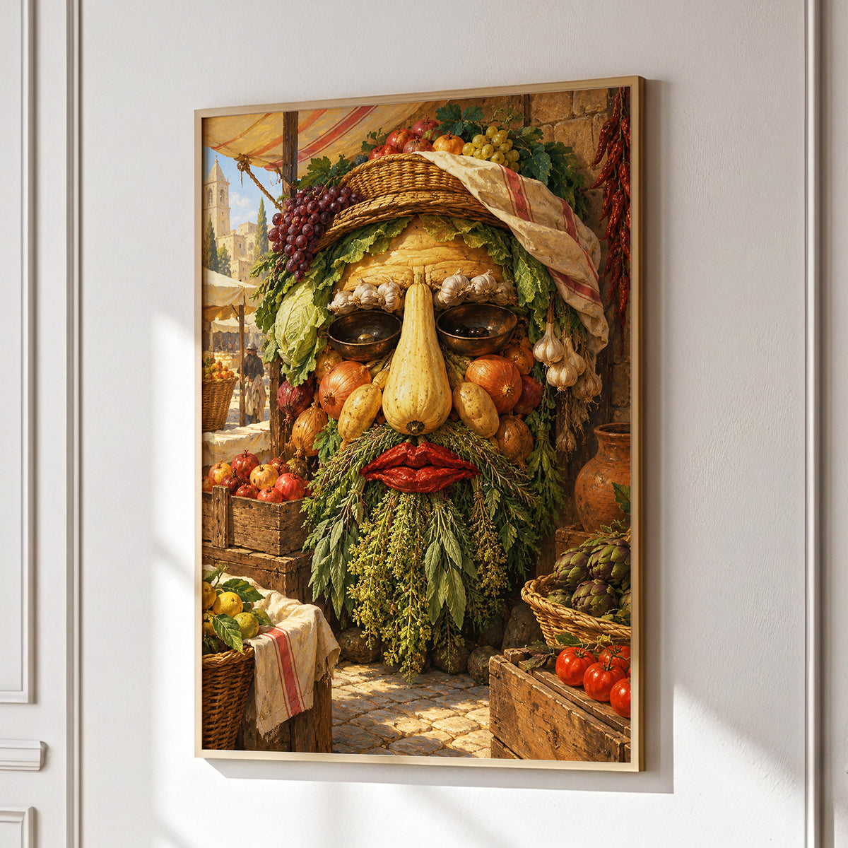The Harvest Gaze, brown, green, gold abstract wall art displayed in a styled interior, gallery view 1