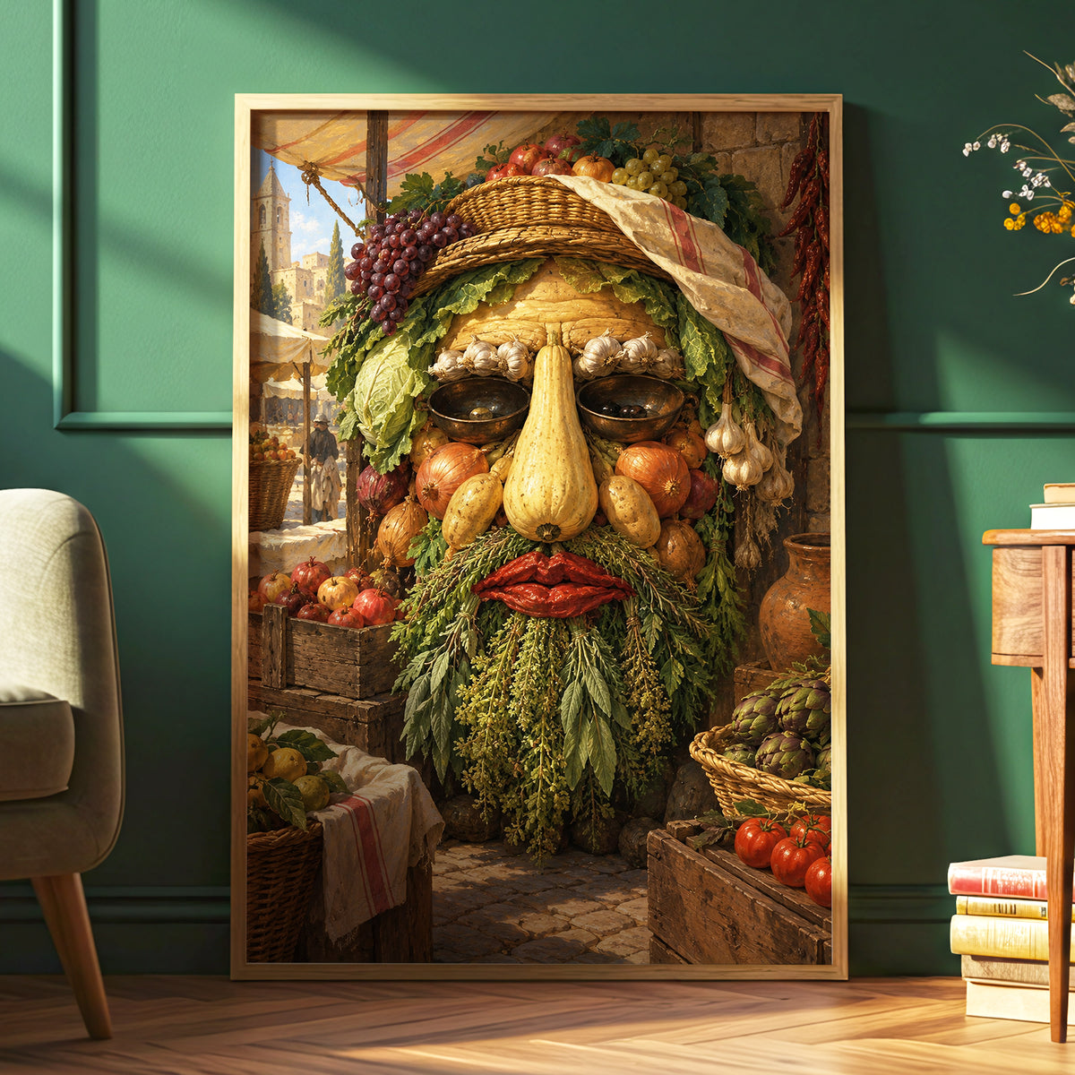 The Harvest Gaze, brown, green, gold abstract wall art displayed in a styled interior, gallery view 6