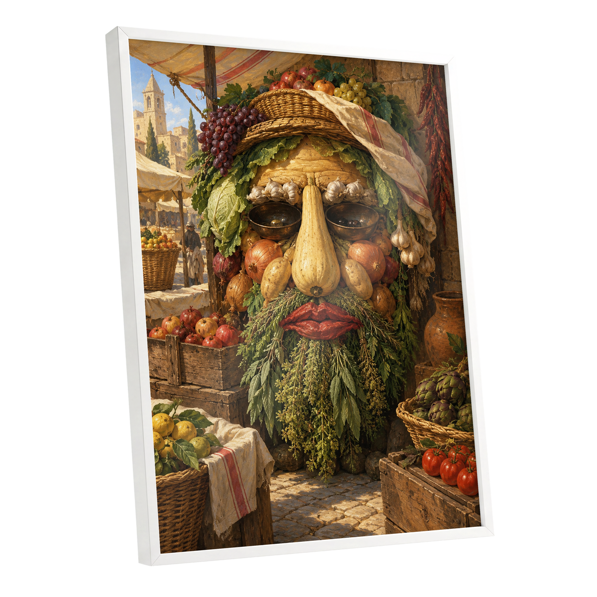The Harvest Gaze, brown, green, gold abstract wall art shown as a white framed poster wall art print
