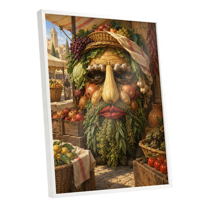 The Harvest Gaze, brown, green, gold abstract wall art shown as a white framed poster wall art print