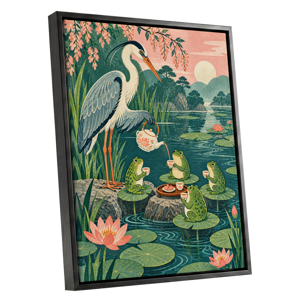 The Heron's Tea Party, green, pink, blue nature wall art shown as a black framed canvas wall art