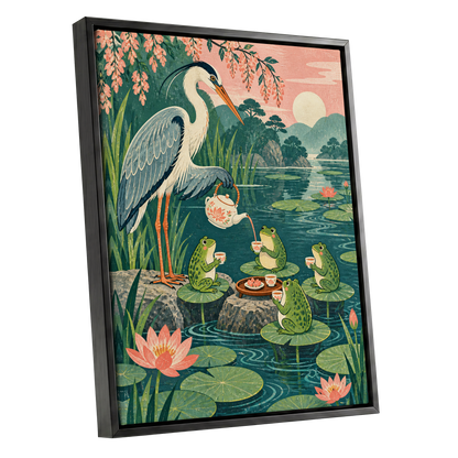 The Heron's Tea Party, green, pink, blue nature wall art shown as a black framed canvas wall art