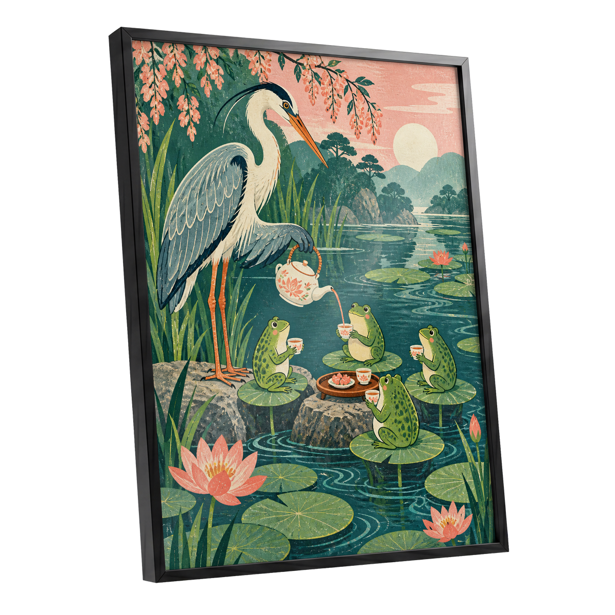 The Heron's Tea Party, green, pink, blue nature wall art shown as a black framed poster wall art print