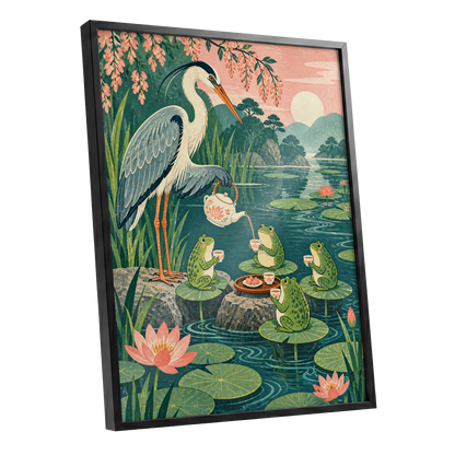 The Heron's Tea Party, green, pink, blue nature wall art shown as a black framed poster wall art print