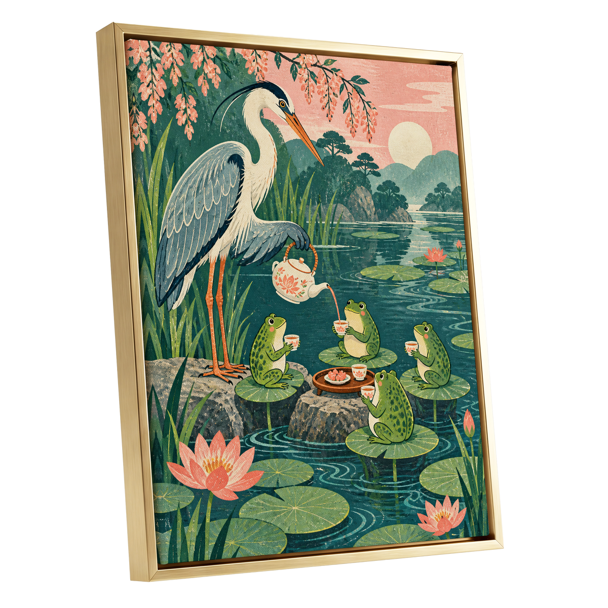 The Heron's Tea Party, green, pink, blue nature wall art shown as a gold framed canvas wall art