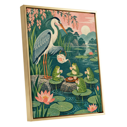 The Heron's Tea Party, green, pink, blue nature wall art shown as a gold framed canvas wall art
