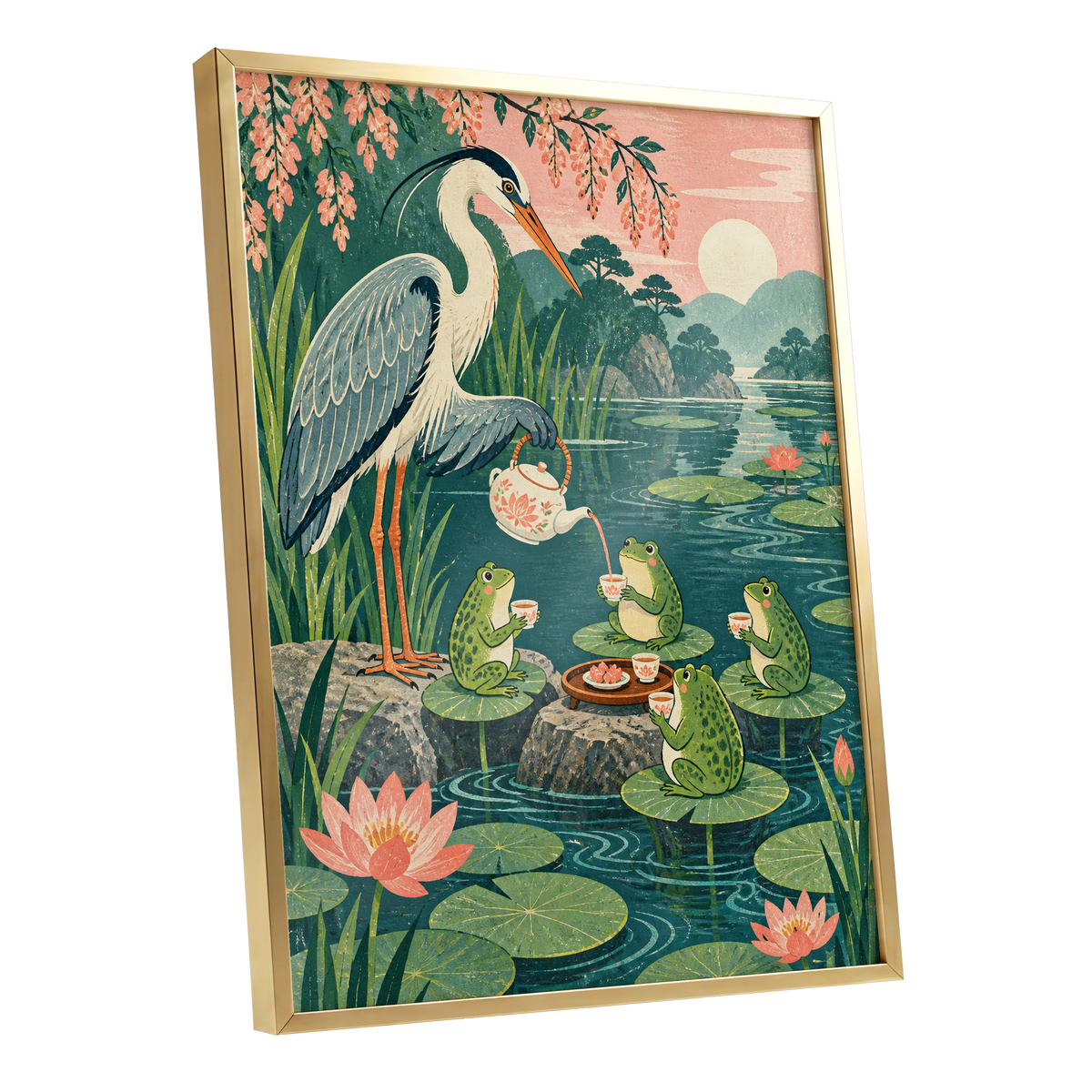 The Heron's Tea Party, green, pink, blue nature wall art shown as a gold framed poster wall art print