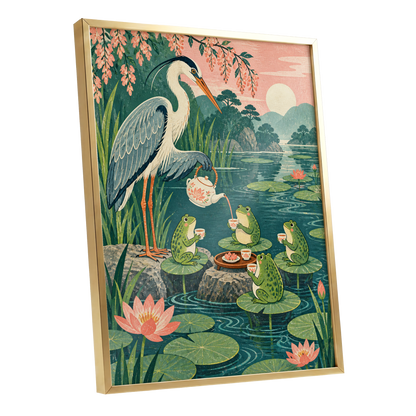 The Heron's Tea Party, green, pink, blue nature wall art shown as a gold framed poster wall art print