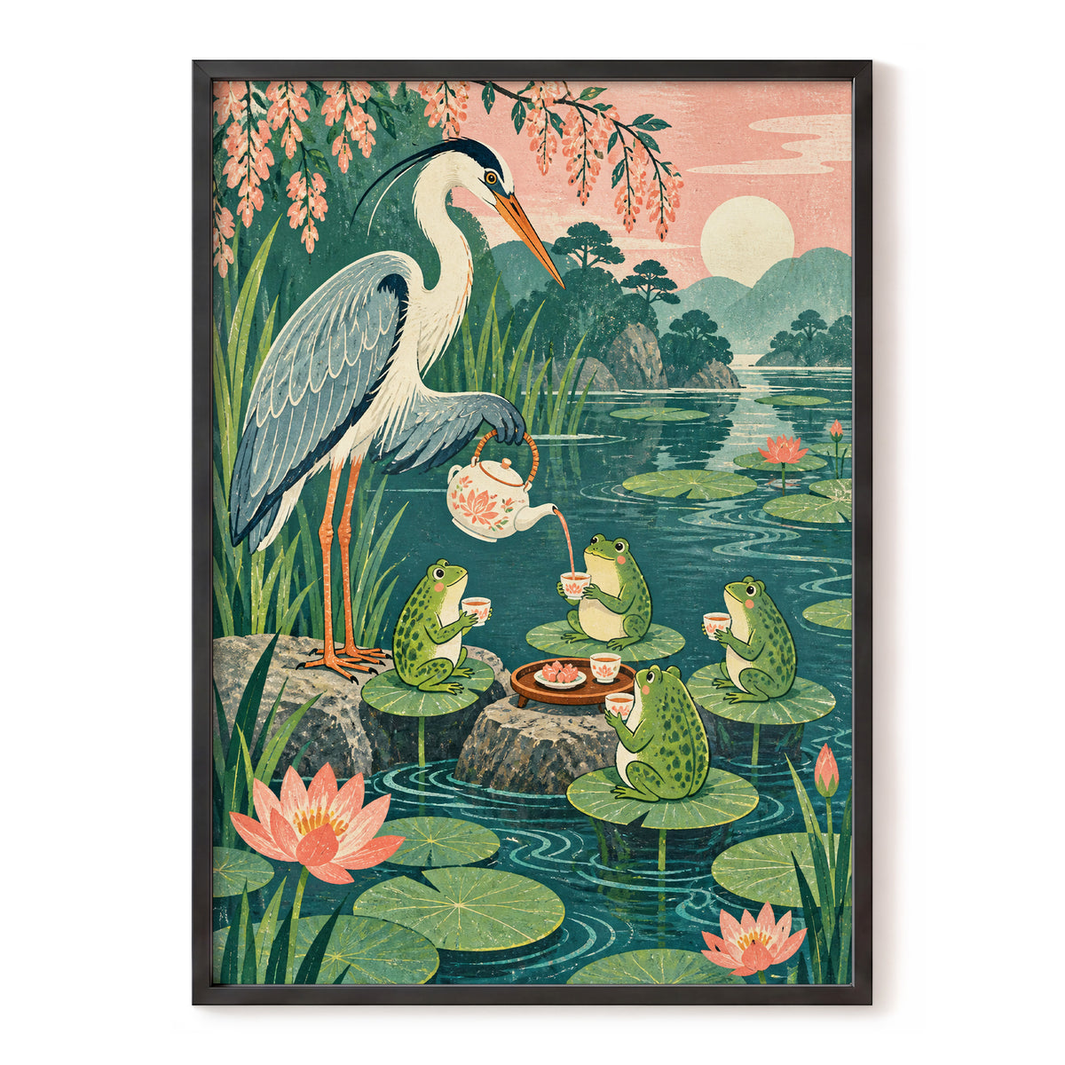 The Heron's Tea Party, green, pink, blue nature wall art, front artwork view