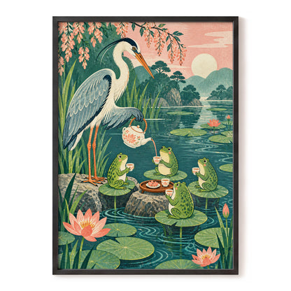 The Heron's Tea Party, green, pink, blue nature wall art, front artwork view