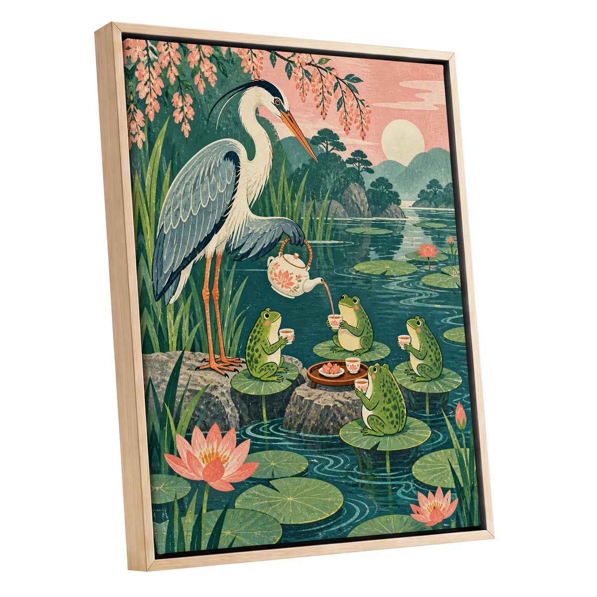 The Heron's Tea Party, green, pink, blue nature wall art shown as a oak framed canvas wall art