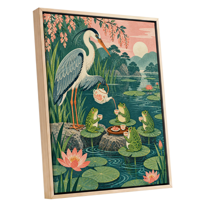 The Heron's Tea Party, green, pink, blue nature wall art shown as a oak framed canvas wall art