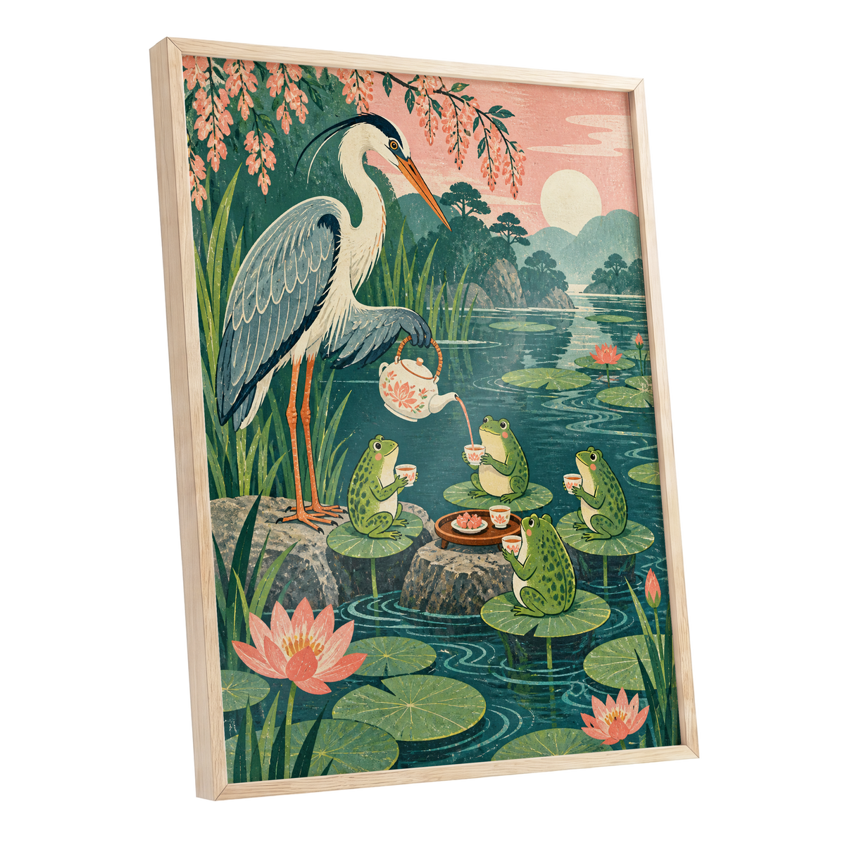 The Heron's Tea Party, green, pink, blue nature wall art shown as a oak framed poster wall art print