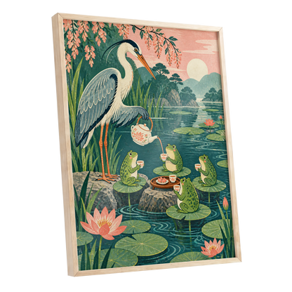 The Heron's Tea Party, green, pink, blue nature wall art shown as a oak framed poster wall art print