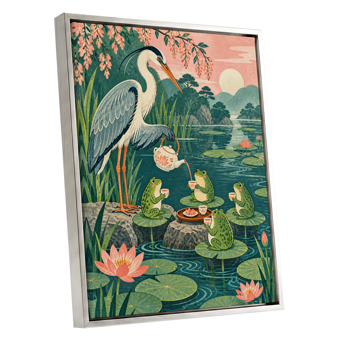 The Heron's Tea Party, green, pink, blue nature wall art shown as a silver framed canvas wall art