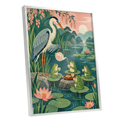 The Heron's Tea Party, green, pink, blue nature wall art shown as a silver framed poster wall art print
