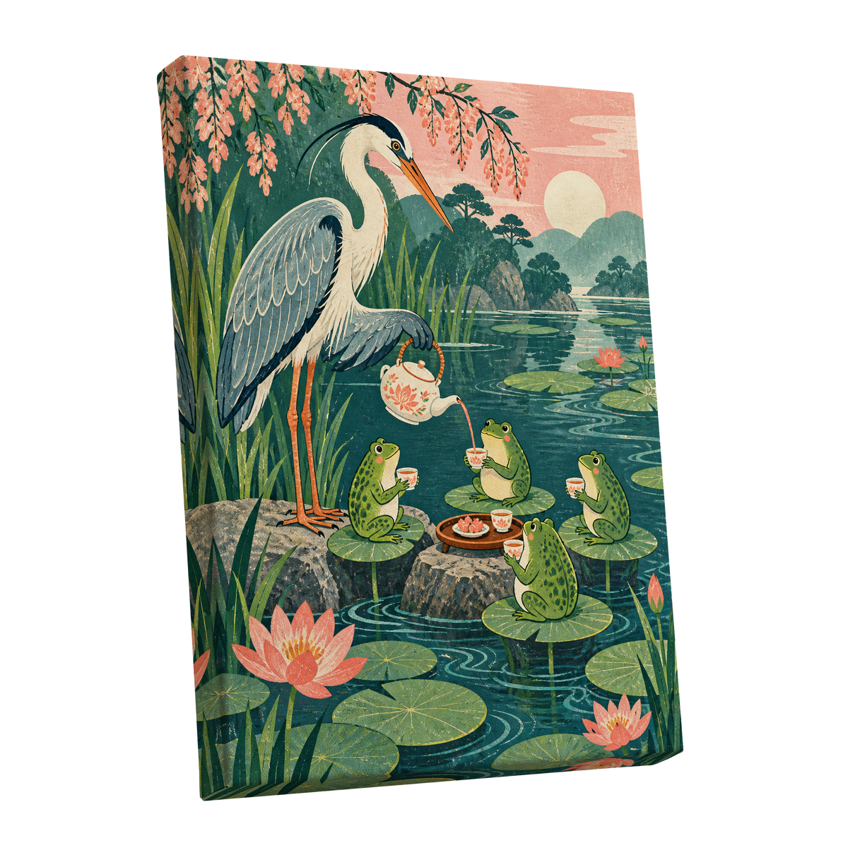 The Heron's Tea Party, green, pink, blue nature wall art shown as a stretched canvas wall art