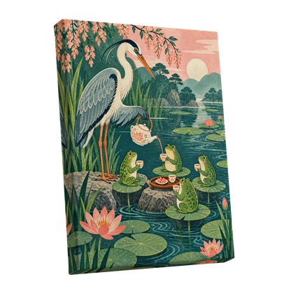 The Heron's Tea Party, green, pink, blue nature wall art shown as a stretched canvas wall art