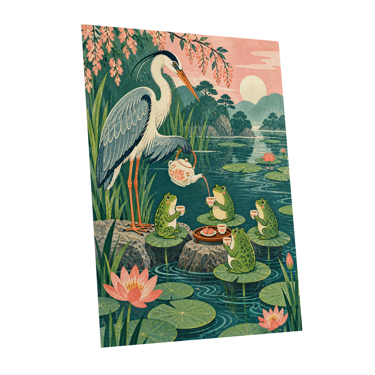 The Heron's Tea Party, green, pink, blue nature wall art shown as a unframed poster wall art print