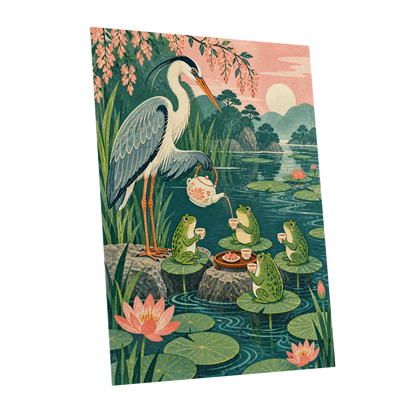 The Heron's Tea Party, green, pink, blue nature wall art shown as a unframed poster wall art print