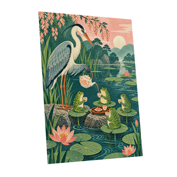 The Heron's Tea Party, green, pink, blue nature wall art shown as a unframed poster wall art print