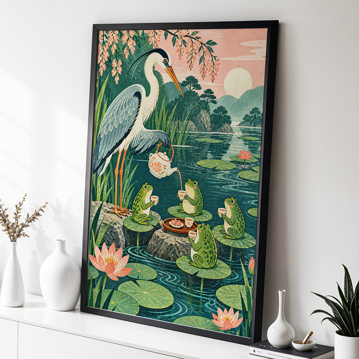 The Heron's Tea Party, green, pink, blue nature wall art displayed in a styled interior, gallery view 2