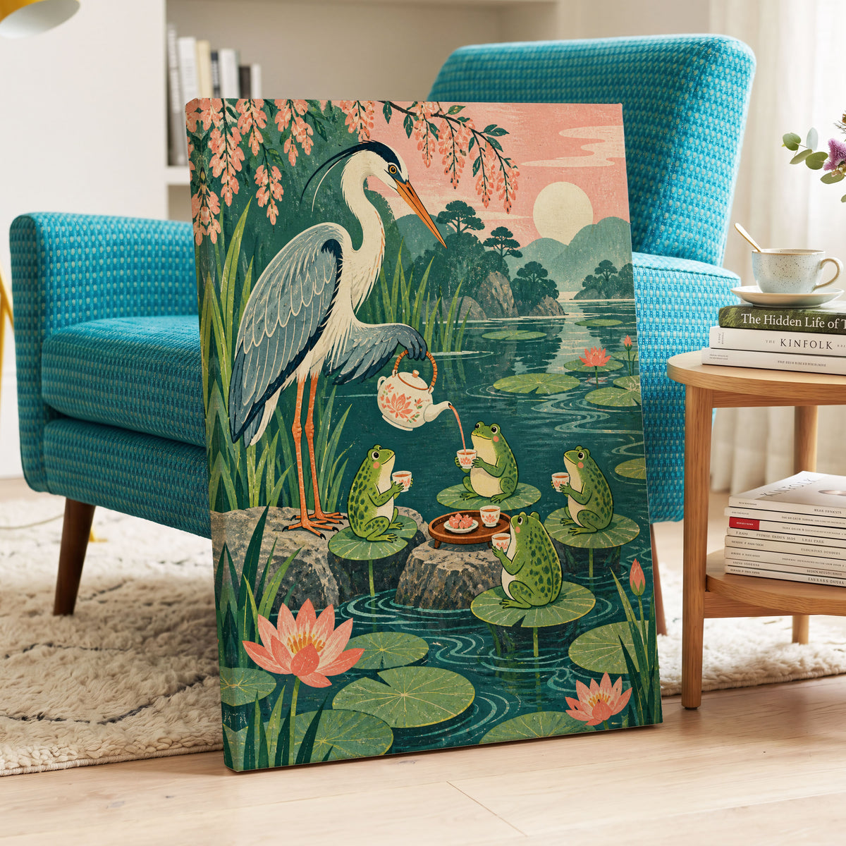 The Heron's Tea Party, green, pink, blue nature wall art displayed in a styled interior, gallery view 3