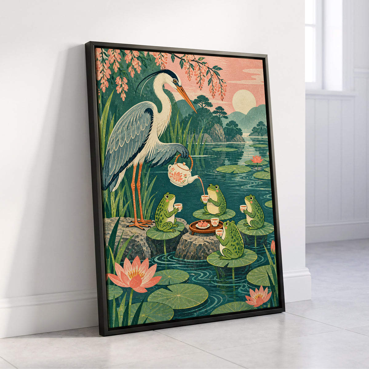 The Heron's Tea Party, green, pink, blue nature wall art displayed in a styled interior, gallery view 4