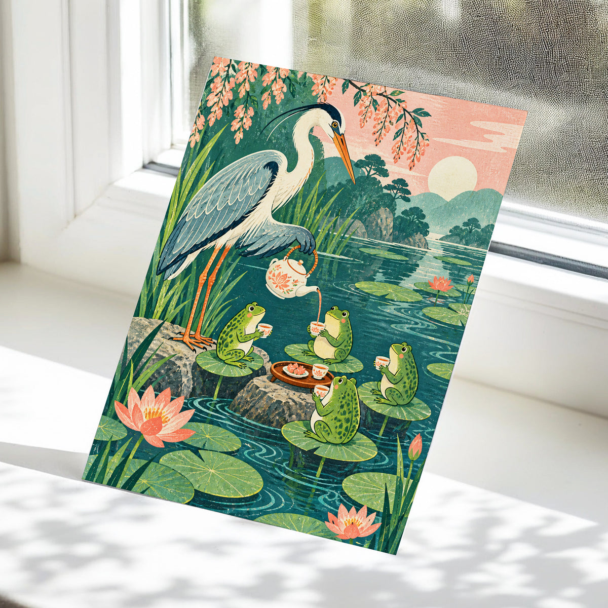 The Heron's Tea Party, green, pink, blue nature wall art displayed in a styled interior, gallery view 5