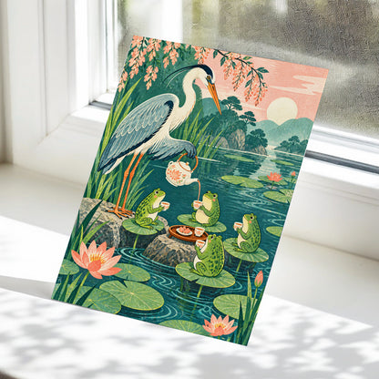 The Heron's Tea Party, green, pink, blue nature wall art displayed in a styled interior, gallery view 5