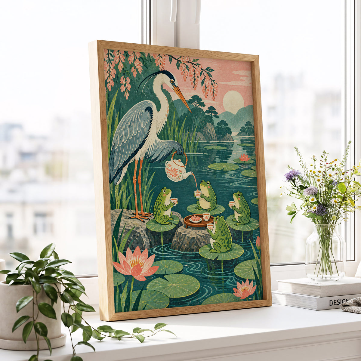 The Heron's Tea Party, green, pink, blue nature wall art displayed in a styled interior, gallery view 6
