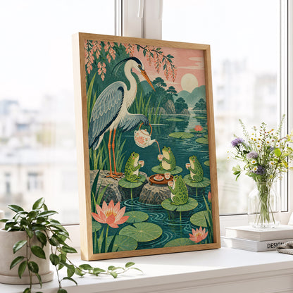 The Heron's Tea Party, green, pink, blue nature wall art displayed in a styled interior, gallery view 6