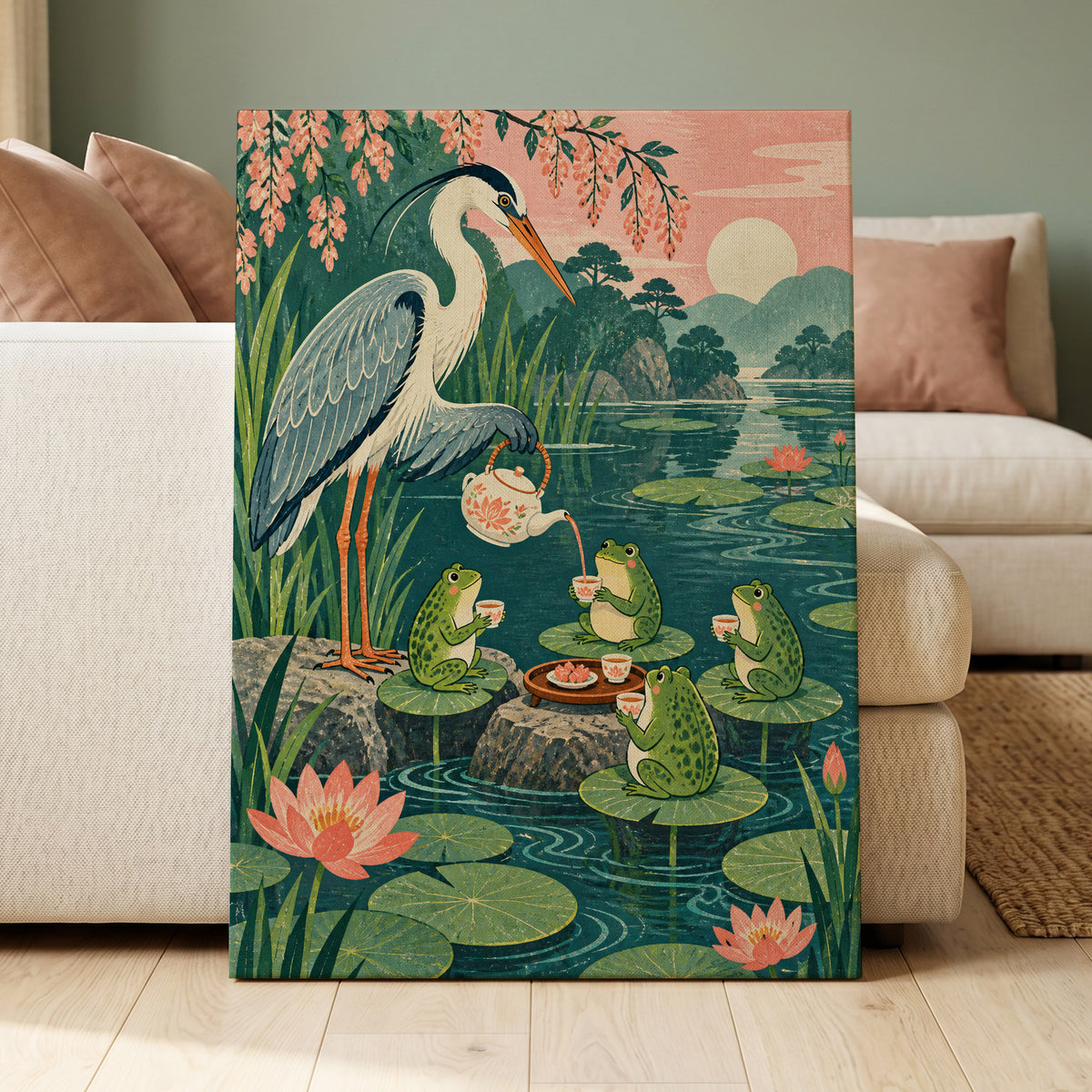 The Heron's Tea Party, green, pink, blue nature wall art displayed in a styled interior, gallery view 7
