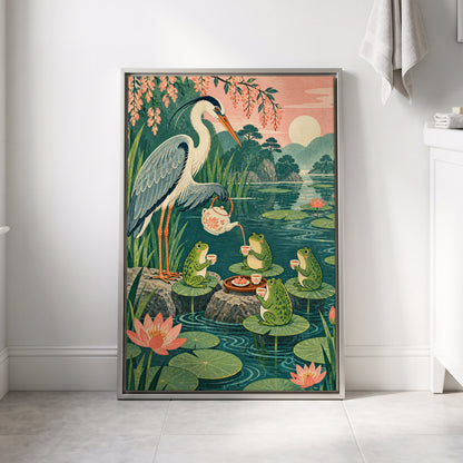 The Heron's Tea Party, green, pink, blue nature wall art displayed in a styled interior, gallery view 8
