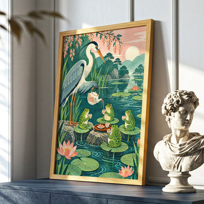 The Heron's Tea Party, green, pink, blue nature wall art displayed in a styled interior, gallery view 9