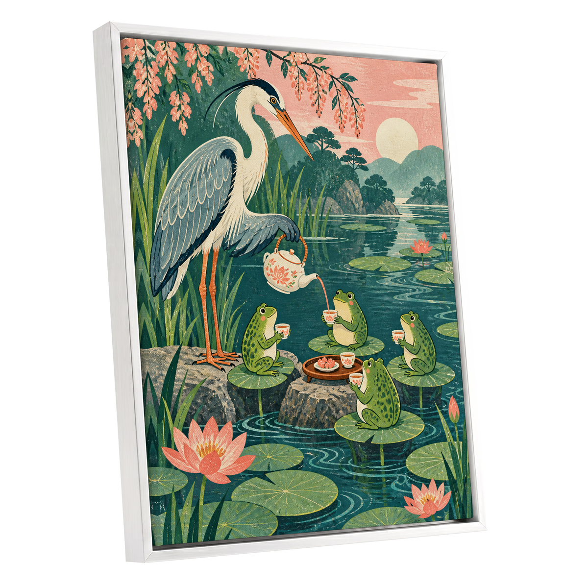 The Heron's Tea Party, green, pink, blue nature wall art shown as a white framed canvas wall art