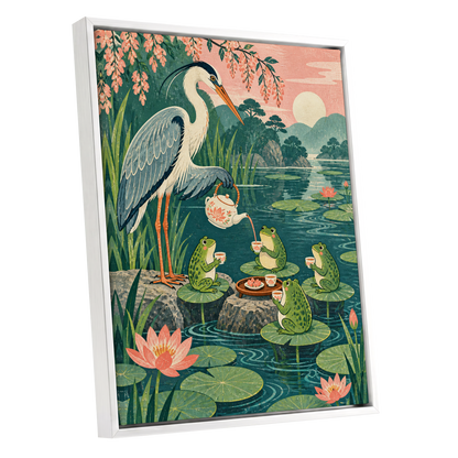 The Heron's Tea Party, green, pink, blue nature wall art shown as a white framed canvas wall art