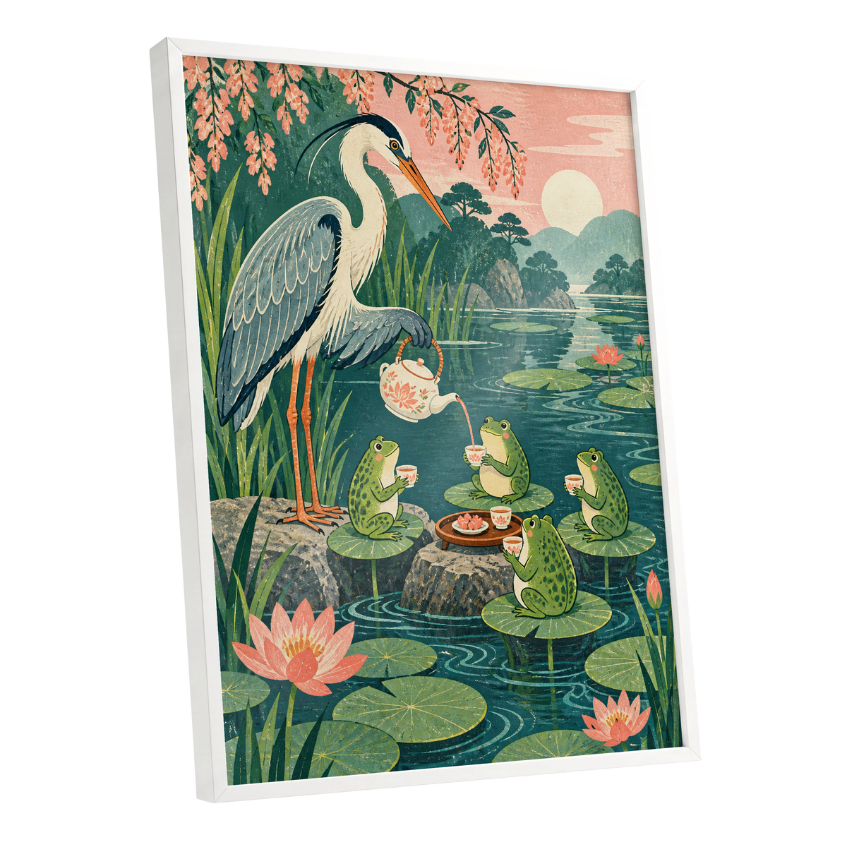The Heron's Tea Party, green, pink, blue nature wall art shown as a white framed poster wall art print