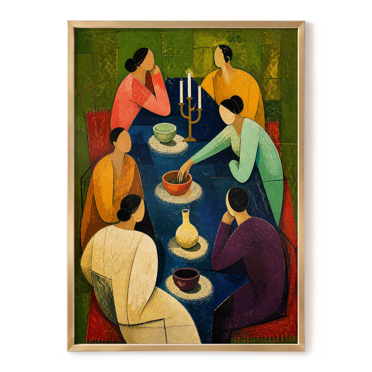 The Indigo Gathering, blue, green, gold abstract wall art, front artwork view