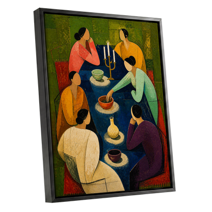 The Indigo Gathering, blue, green, gold abstract wall art shown as a black framed canvas wall art