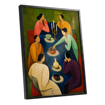 The Indigo Gathering, blue, green, gold abstract wall art shown as a black framed poster wall art print