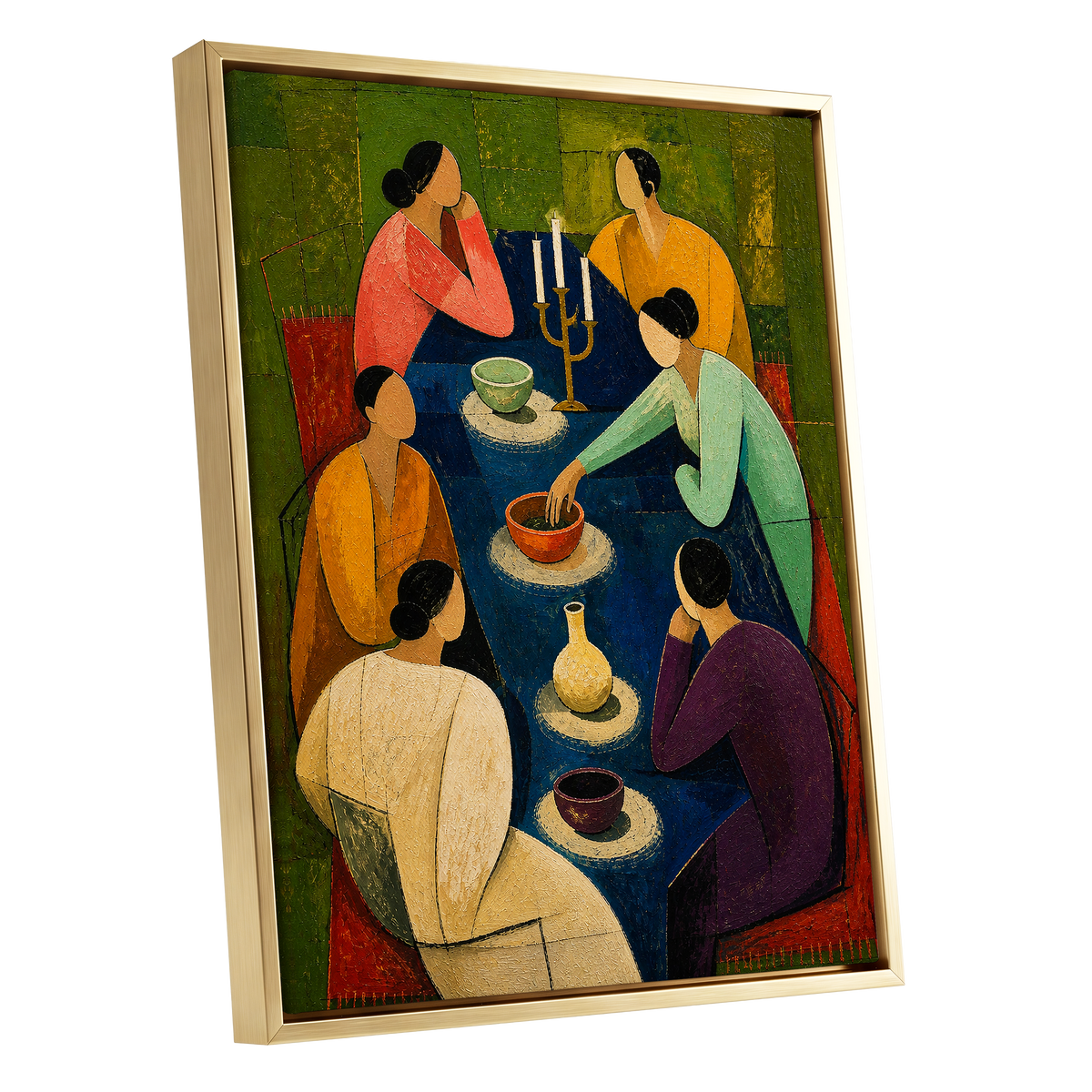 The Indigo Gathering, blue, green, gold abstract wall art shown as a gold framed canvas wall art