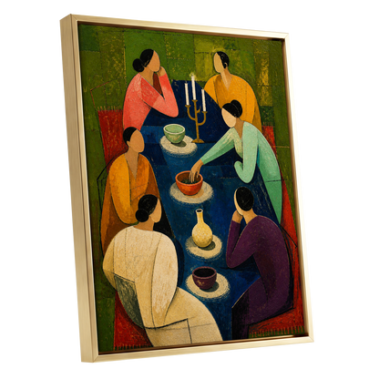 The Indigo Gathering, blue, green, gold abstract wall art shown as a gold framed canvas wall art