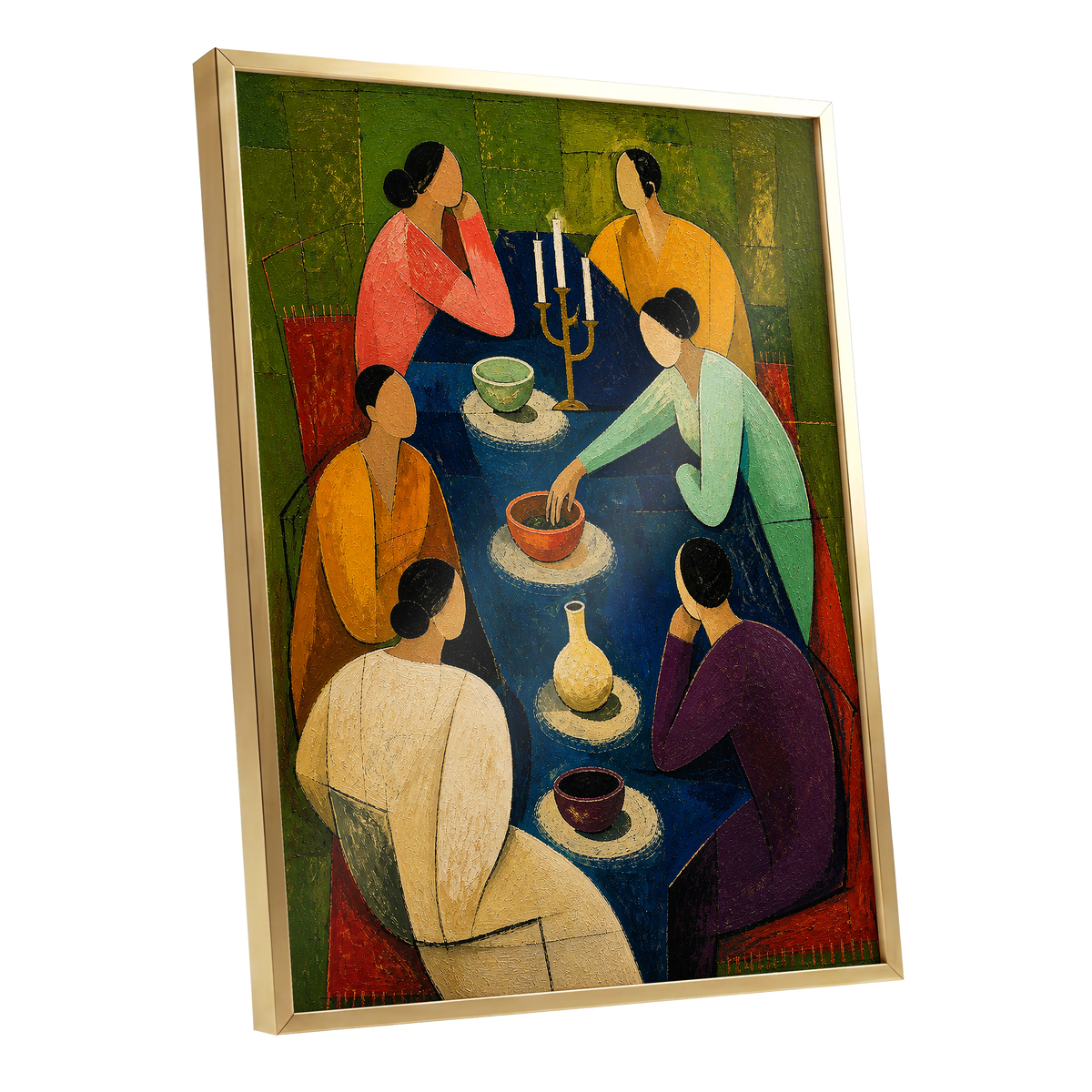 The Indigo Gathering, blue, green, gold abstract wall art shown as a gold framed poster wall art print