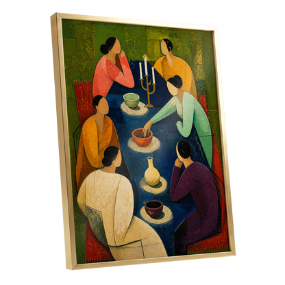 The Indigo Gathering, blue, green, gold abstract wall art shown as a gold framed poster wall art print