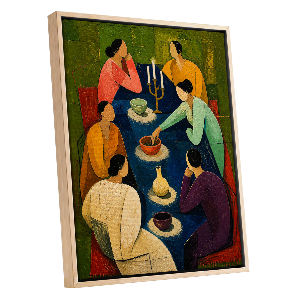 The Indigo Gathering, blue, green, gold abstract wall art shown as a oak framed canvas wall art